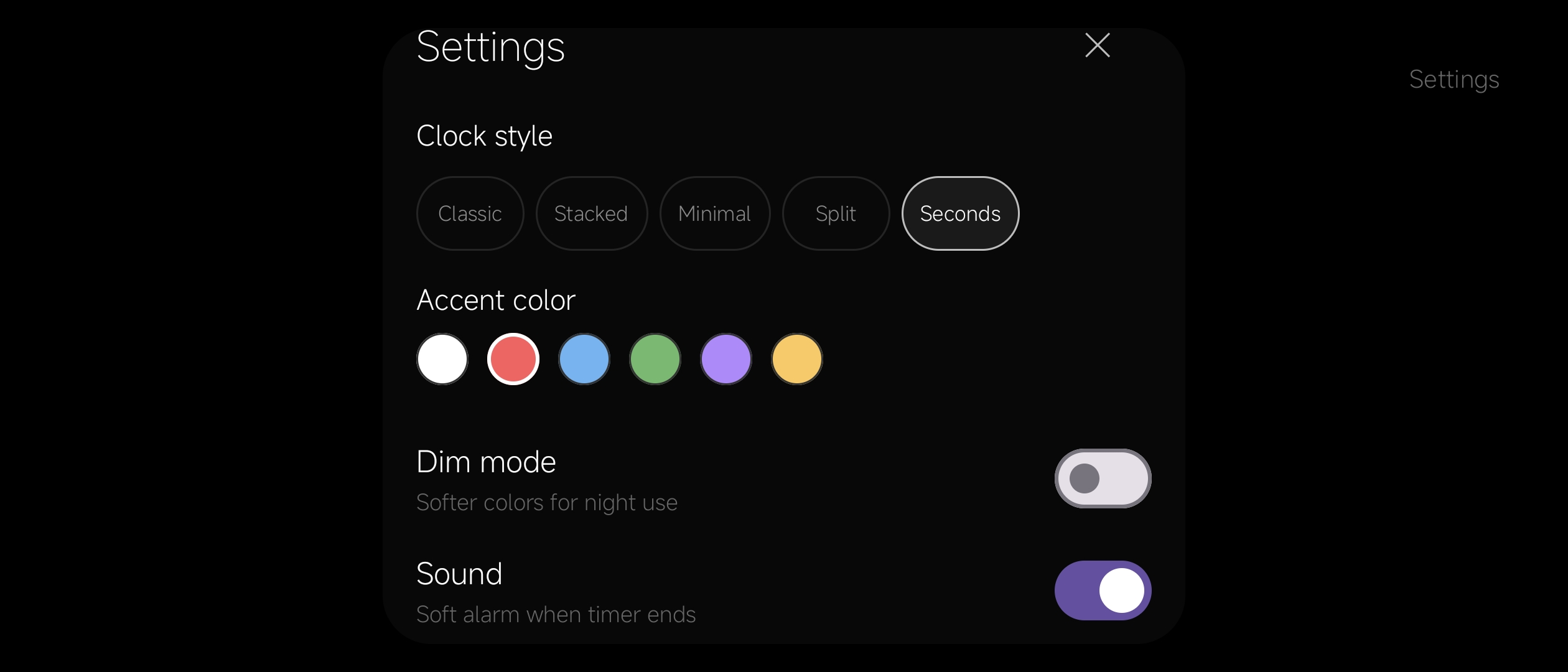 NightClock settings screen